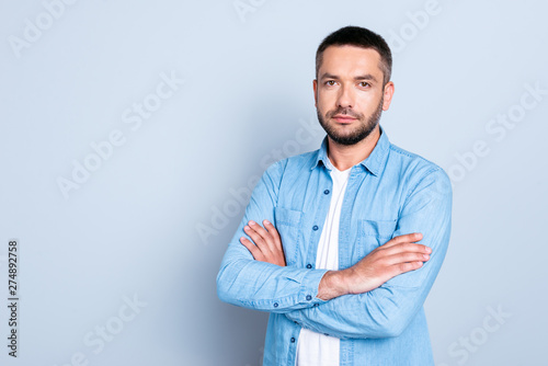 Close up photo amazing he him his guy macho perfect appearance white teeth arms crossed self-confident best worker boss chief nice mood wear casual jeans denim shirt isolated grey background