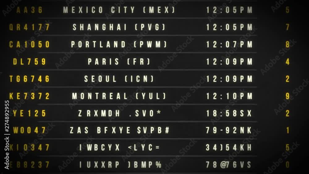Airport Departure Board Loop/ 4k animation of an airport departure board with flight, destination, time and decoding text seamless looping