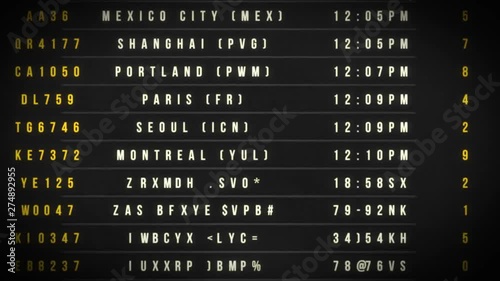 Airport Departure Board Loop/ 4k animation of an airport departure board with flight, destination, time and decoding text seamless looping