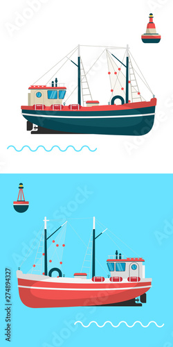 Fishing boat side view and buoys with blue sea background and isolated on white. Side view illustration.