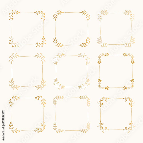 Set of golden squared frames. Wedding design template.