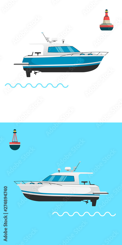 Fishing boat side view and buoys with blue sea background and isolated on white. Side view illustration. Fishing boat side view and buoys with blue sea background and isolated on white. Side view illustration.