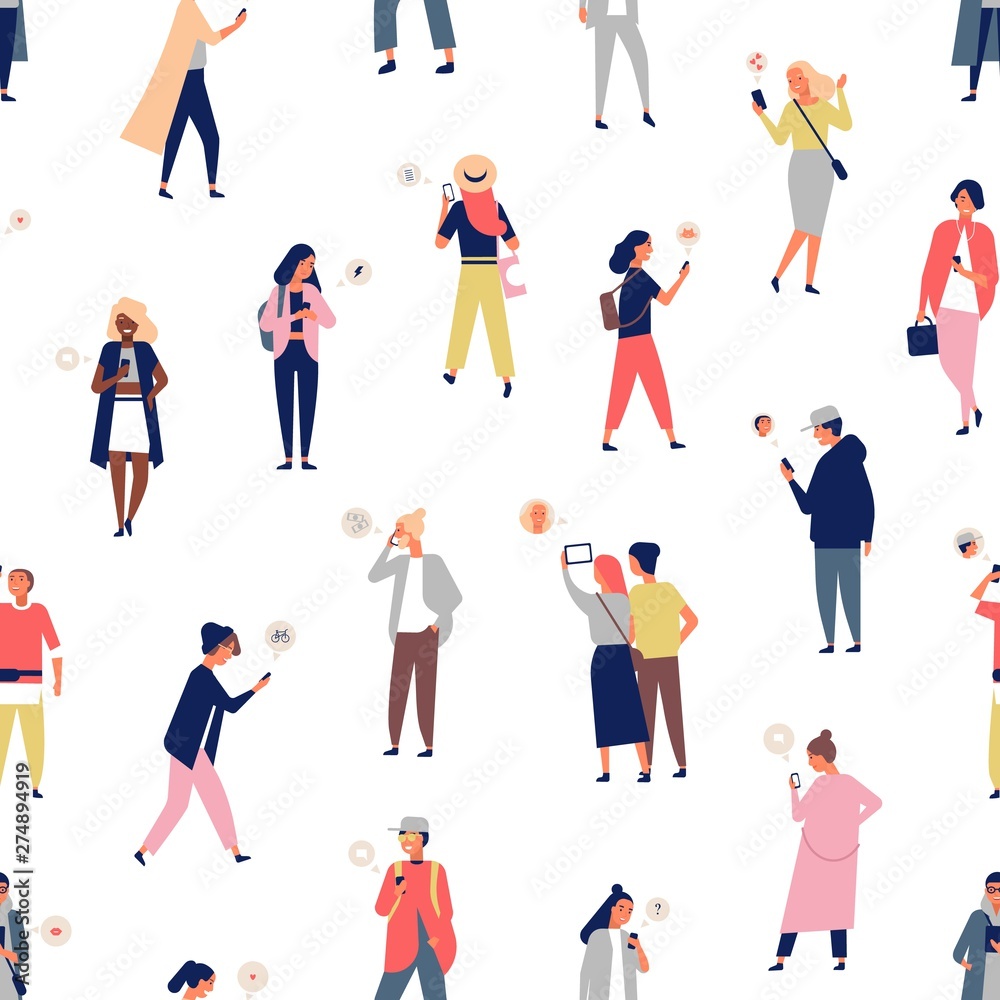 Seamless pattern with crowd of people using smartphones or mobile phones with messengers. Backdrop with young men and women sending and receiving digital messages. Flat cartoon vector illustration.