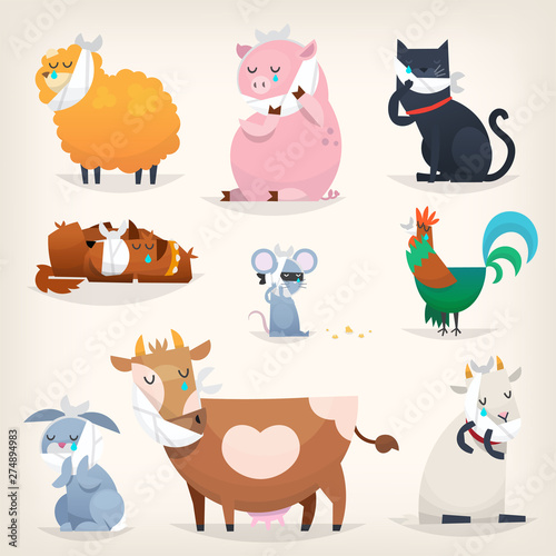 Set of popular colorful vector farm animals and birds with ill teeth. Posters for the dentists clinic