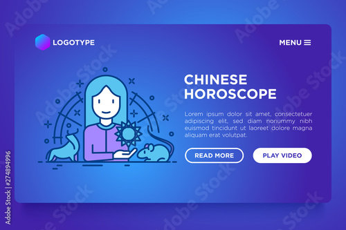 Chinese horoscope web page template. Astrologer with thin line animal icons around. Modern vector illustration.