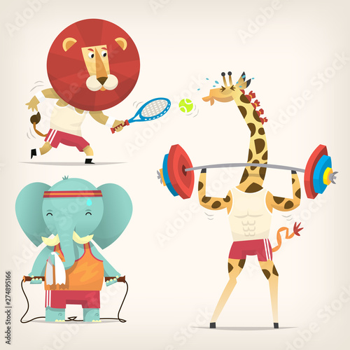 Animals in t-shirts doing sports. Vector illustrations