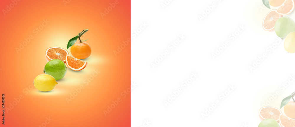 The composition of various citrus fruits on an orange background. Art processing of shadows and highlights. Place for text and design.