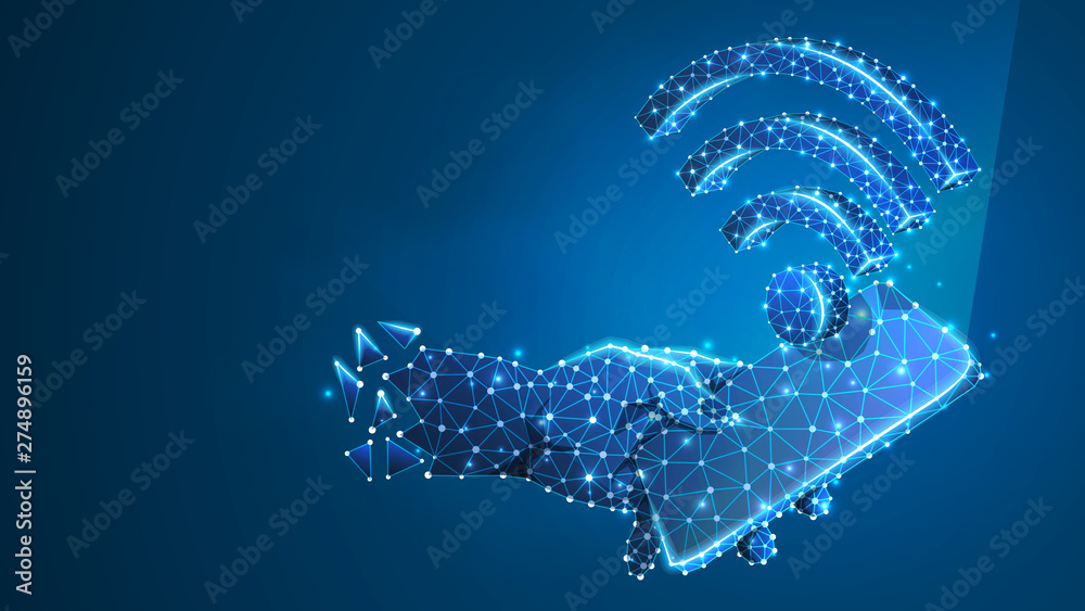 Phone in a hand with Wi-Fi symbol on mobile screen. Internet connection concept. Abstract, digital, wireframe, low poly mesh, polygonal vector blue neon 3d illustration. Triangle, line
