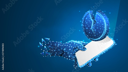 Phone in a hand, Broken Coin on white mobile screen. Money downtrend, investment app concept. Abstract, digital, wireframe, low poly mesh, polygonal Vector blue neon 3d illustration