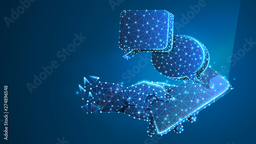 Phone in a hand, Chat bubbles on mobile screen. People communication, dialogue concept. Abstract, digital, wireframe, low poly mesh, polygonal Vector blue neon 3d illustration. Triangle, line