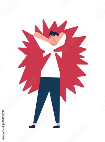 Young man suffering from mental pain, distress, anxiety. Unhappy guy under pressure of stress, anger, fury and rage or overload by psychological problem. Flat cartoon colorful vector illustration.