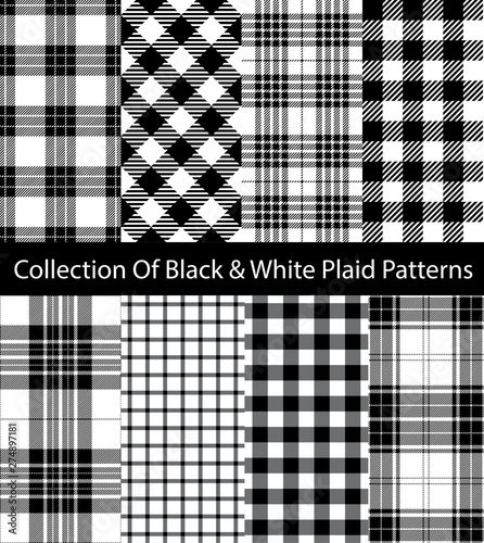 Collection of Black and White Plaid Patterns. Monochrome Tartan, Gingham, Tattersall and Tablecloth Backgrounds.