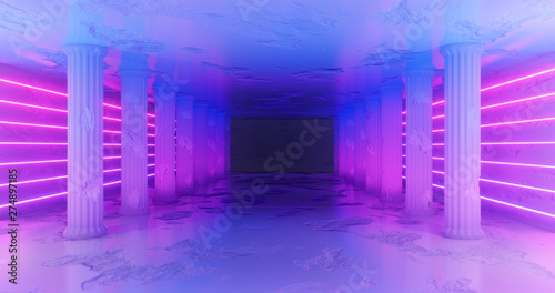 Fototapeta Naklejka Na Ścianę i Meble -  3d rendering. Marble corridor with damaged columns with blue and pink neon stripes along the walls. Neon glow.