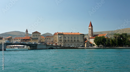 Scenic view of the city with mountain background, beautiful cityscape with bridge, sunny day, Trogir, Dalmatia, Croatia