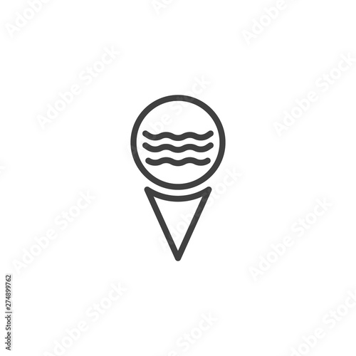 Beach location pin line icon. linear style sign for mobile concept and web design. Map marker with sea water outline vector icon. Travel, vacation, tourism symbol, logo illustration. Vector graphics
