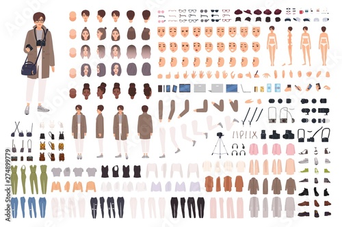 Woman photographer, animation kit or creation set. Bundle of body parts, clothes, accessories, photo camera. Female cartoon character. Front, side, back views. Flat colorful vector illustration.