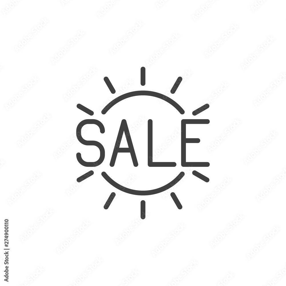 Summer sale lettering line icon. linear style sign for mobile concept and web design. Sun with sale text outline vector icon. Symbol, logo illustration. Vector graphics
