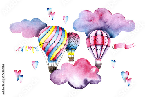 Obraz Akwarela kolorowe balony z chmurami i serca. Kolorowa ilustracja odizolowywająca na bielu. Ręcznie malowane sterowce idealne na tapetę dziecięcą, materiał tekstylny, wyposażenie wnętrz, tworzenie kart