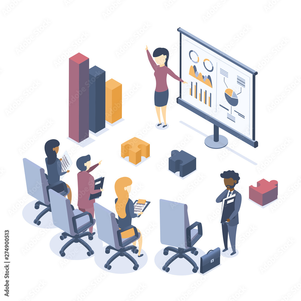 Isometric vector illustration. The concept of business training. Corporate training. Seminar for employees. Analysis of statistics. Briefing. Isometric vector illustration. The concept of business training. Corporate training. Seminar for employees. Analysis of statistics. Briefing.