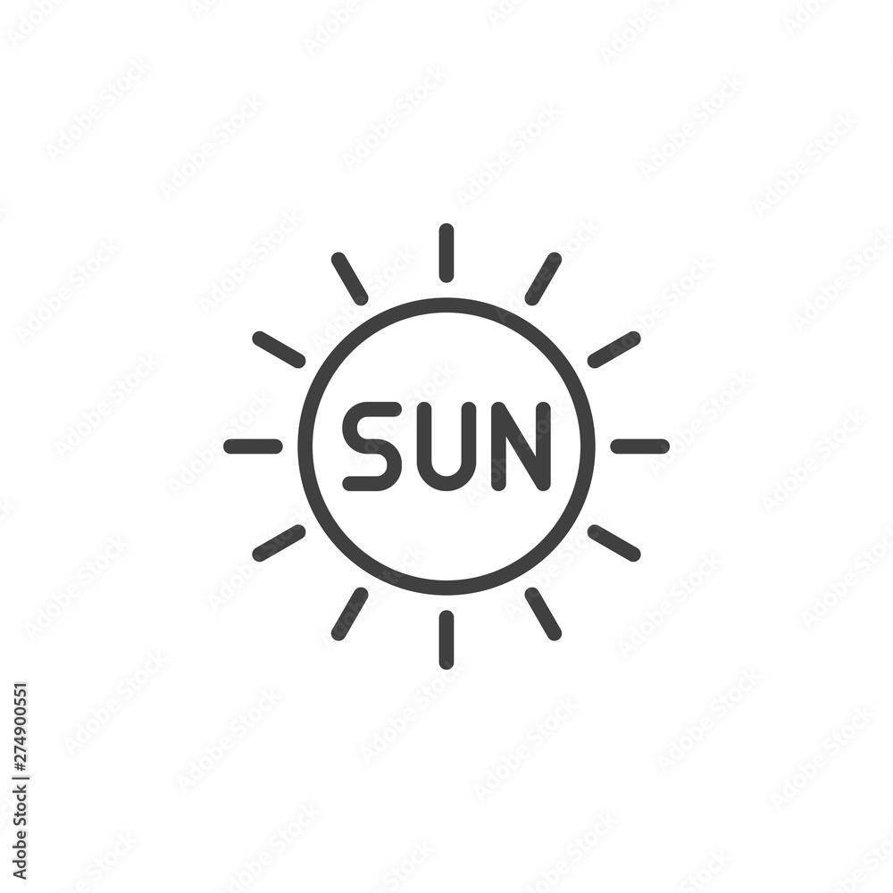 Sun shining line icon. linear style sign for mobile concept and web design. Sun text inside sun outline vector icon. Summer season symbol, logo illustration. Vector graphics Sun shining line icon. linear style sign for mobile concept and web design. Sun text inside sun outline vector icon. Summer season symbol, logo illustration. Vector graphics