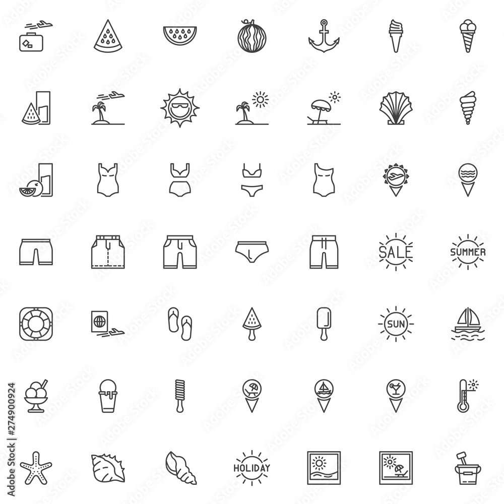 Summer vacation line icons set. linear style symbols collection, outline signs pack. vector graphics. Set includes icons as Plane and luggage, Island travel, Pass document, Swimwear, Seashell, Palm