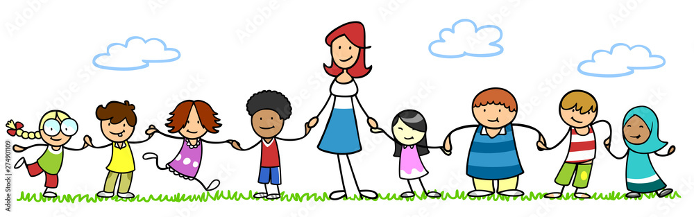 Erzieher im Kindergarten mit Gruppe Kinder Stock-Illustration | Adobe Stock