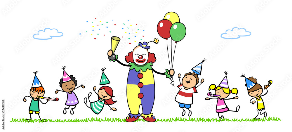 Kinder buchen Clown für Kindergeburtstag Stock Illustration | Adobe Stock