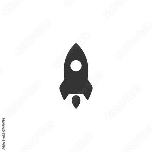 Rocket ship with fire. Isolated on white. Flat icon. Vector illustration with flying rocket.
