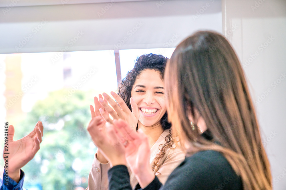 Teamwork in the office. Three people happy for success Teamwork in the office. Three people happy for success