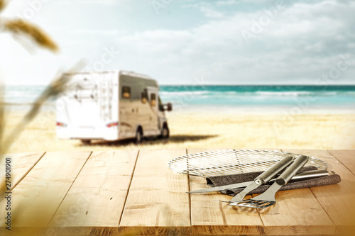 Grill time on beach and summer car. Free space for your decoration.  #274901901