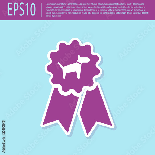 Retro purple Dog award symbol icon isolated on turquoise background. Medal with dog footprint as pets exhibition winner concept. Vector Illustration