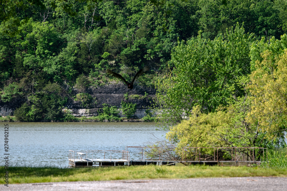 Pretty rock cliffs at lake Eucha in Oklahoma and a fishing dock makes an inviting scene for the outdoorsman. Bokeh.