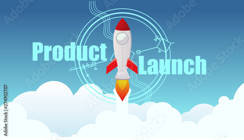 rocket in the sky for product launch web banner, presentation, print concept with big text flat style illustration 