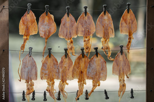 Dried squid Hanging on the rail to wait for the Thai style grill © Pongvit