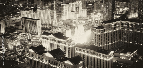 LAS VEGAS, NV - JUNE 30, 2018: Night lights of the Strip from helicopter, black and white view. Las Vegas is a famous gambling destination
