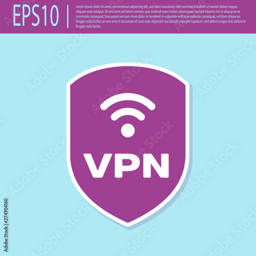 Retro purple Shield with VPN and wifi wireless internet network symbol icon isolated on turquoise background. VPN protect safety concept. Vector Illustration