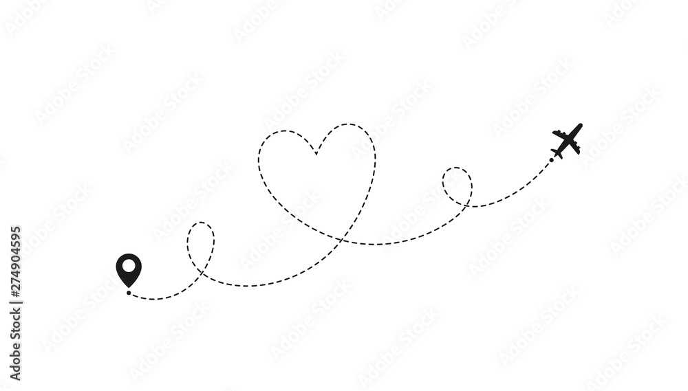 Love airplane route. Romantic travel, heart dashed line trace and plane routes. Hearted airplane path Love airplane route. Romantic travel, heart dashed line trace and plane routes. Hearted airplane path