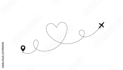 Love airplane route. Romantic travel, heart dashed line trace and plane routes. Hearted airplane path