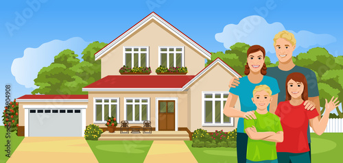 Happy European family near their new house. Smiling mom, dad, son and daughter are standing, behind them is a cottage with a yard and a lawn. Parents and children. Vector illustration.