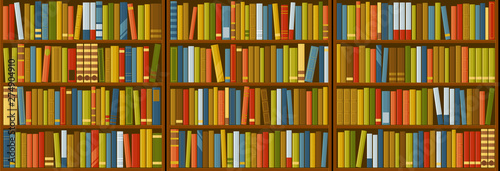 Bookshelf. Horizontal library background. Bookcase. Lots of book on the shelf. Seamless vector illustration.