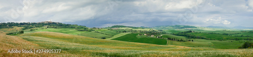 Panorama of Tuscan field and town of Pienza