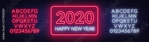 Neon sign happy new year 2020 on a dark background with bright alphabets. Can be used for greeting card, invitation and other. Vector illustration.