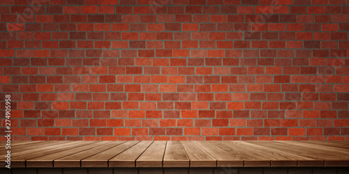 Colorful wooden platform background  brick wall.    3D rendering computer digitally generated illustration. 