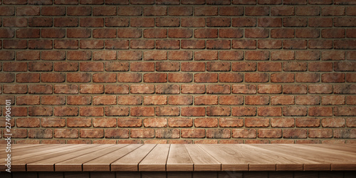 Colorful wooden platform background: brick wall.  ( 3D rendering computer digitally generated illustration.)