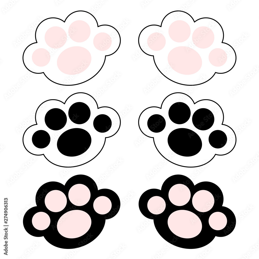 Cat paw print leg foot icon set with pink and black pads. Cute cartoon  kawaii funny character body part line silhouette. Flat design. Baby pet  collection. White background. Isolated. Stock-vektor | Adobe