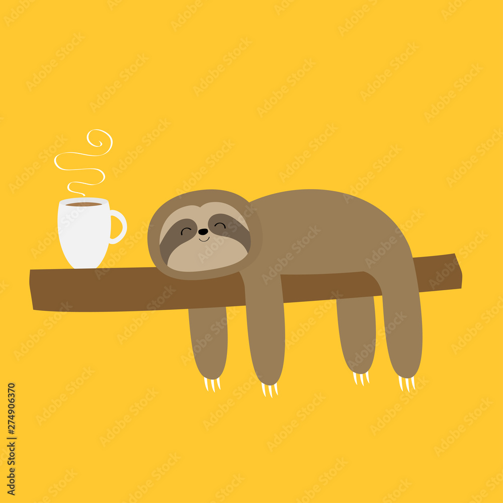 Obraz premium Sloth sleeping on tree branch. I love coffee cup drink. Cute lazy cartoon kawaii funny character.Slow down. Wild joungle animal collection. Isolated. Yellow background. Flat design.
