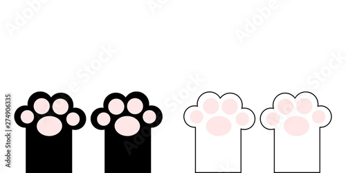 Black white cat paw print leg foot with pink pad set. Cute cartoon kawaii funny character body part silhouette. Baby pet collection Flat design. Kids background. Isolated.
