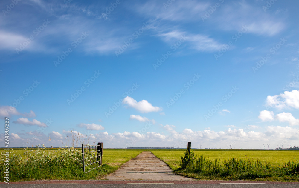 Fence that is open in agricultural land, bright green meadow with high sky with clouds and clear horizon and some turbines in the background.