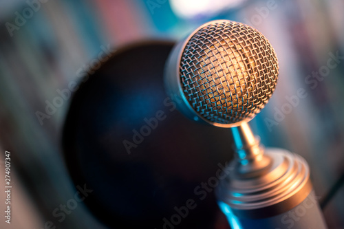 Studio Audio Microphone recording on a blur background voice karaoke radio conference song sing singer creative idea speaker enterteinment technology music speech event concert show live photo