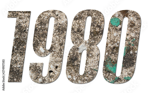Year 1980 with old concrete wall on white background
